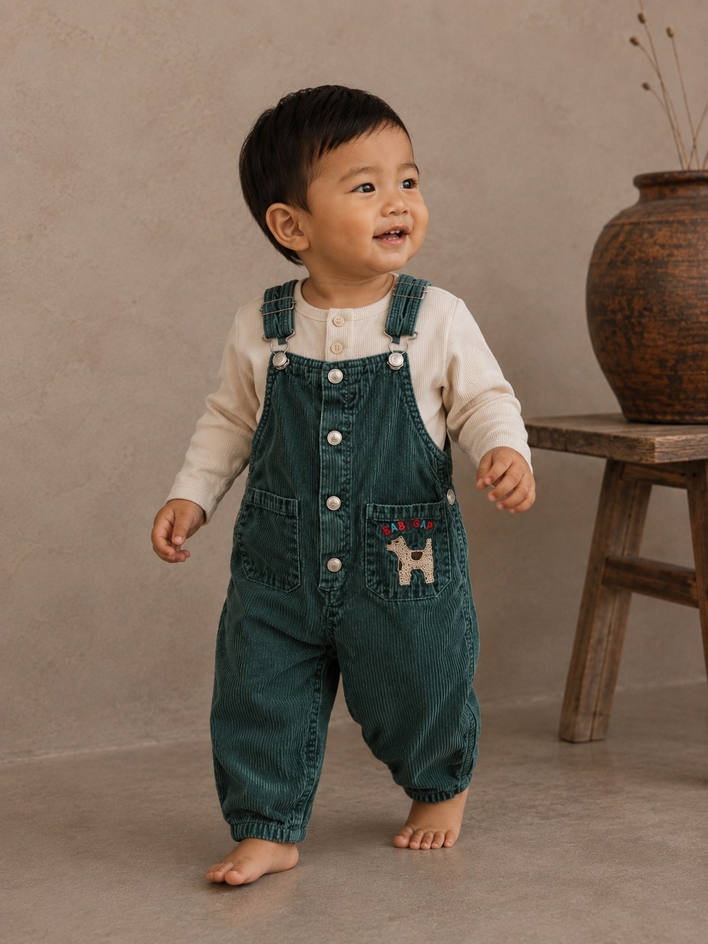 Vintage Baby Gap Green Corduroy Overalls 90s Dog Embroidered 12M